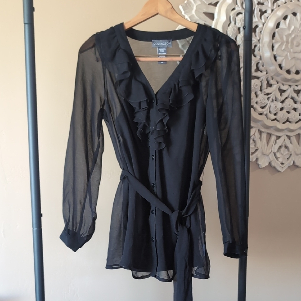 Covington Black Sheer Ruffle Blouse M